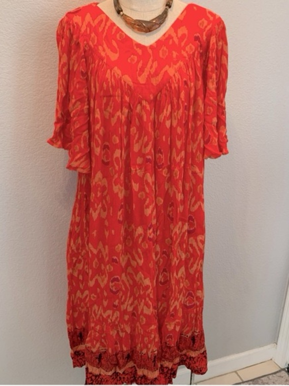 Flowy Red Printed Midi Dress with Subtle Yellow Accent